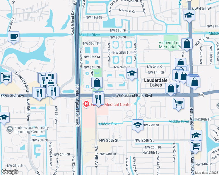 map of restaurants, bars, coffee shops, grocery stores, and more near 3161 Northwest 47th Terrace in Lauderdale Lakes