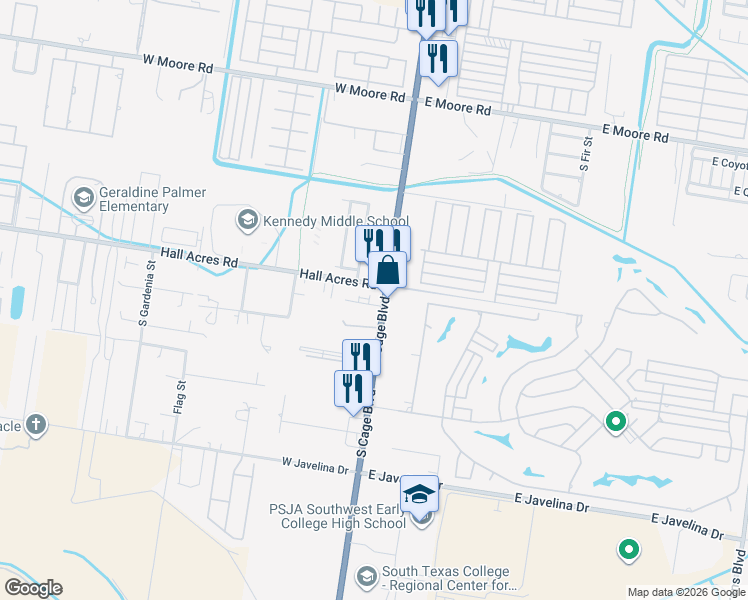 map of restaurants, bars, coffee shops, grocery stores, and more near 2608 South Cage Boulevard in Pharr
