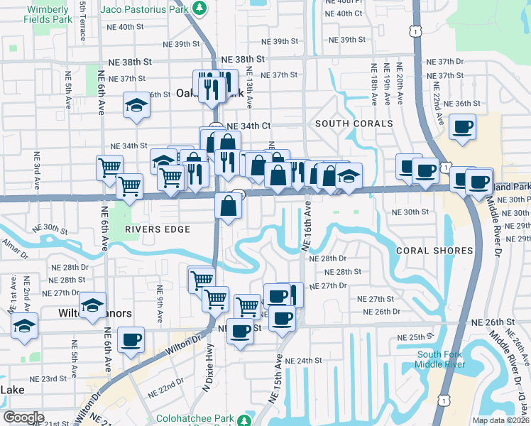 map of restaurants, bars, coffee shops, grocery stores, and more near 3057 Northeast 15th Avenue in Oakland Park