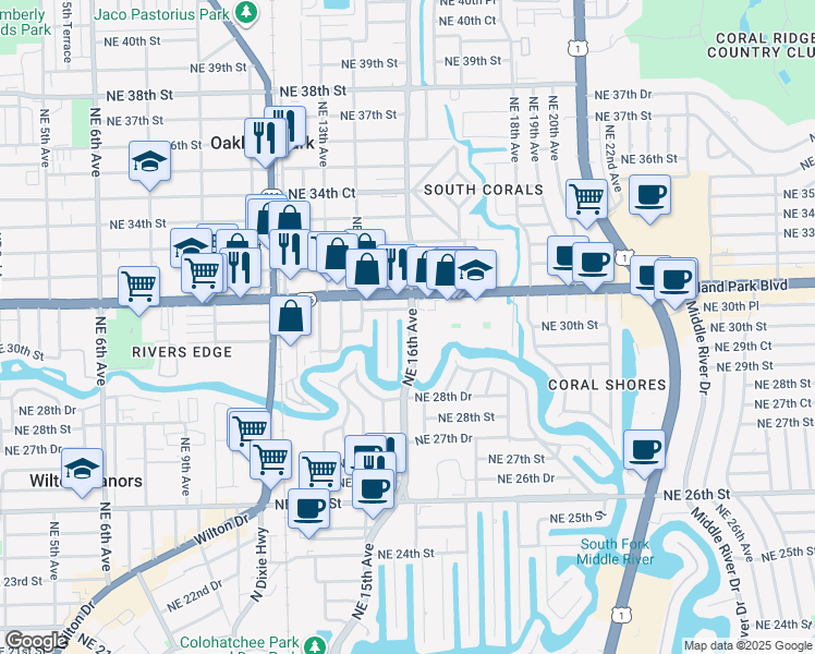 map of restaurants, bars, coffee shops, grocery stores, and more near 3068 Northeast 15th Terrace in Oakland Park
