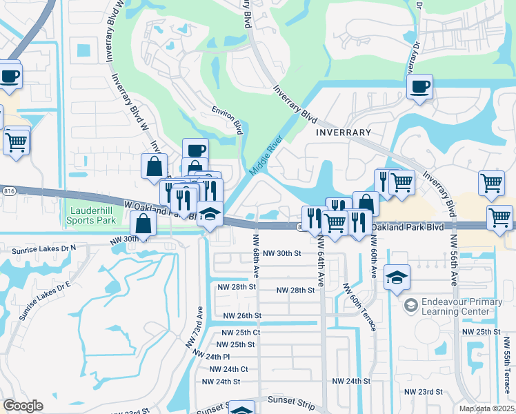 map of restaurants, bars, coffee shops, grocery stores, and more near 6701-6950 Landings Drive in Lauderhill
