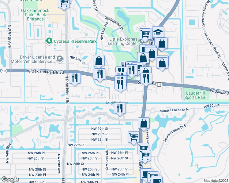 map of restaurants, bars, coffee shops, grocery stores, and more near 3264 Summerfield in Sunrise