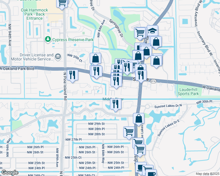 map of restaurants, bars, coffee shops, grocery stores, and more near 3264 Summerfield in Sunrise
