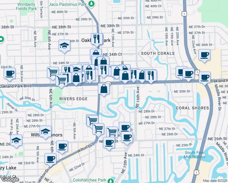 map of restaurants, bars, coffee shops, grocery stores, and more near 3075-3085 Northeast 13th Avenue in Oakland Park