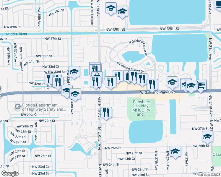 map of restaurants, bars, coffee shops, grocery stores, and more near 3073 West Oakland Park Boulevard in Oakland Park