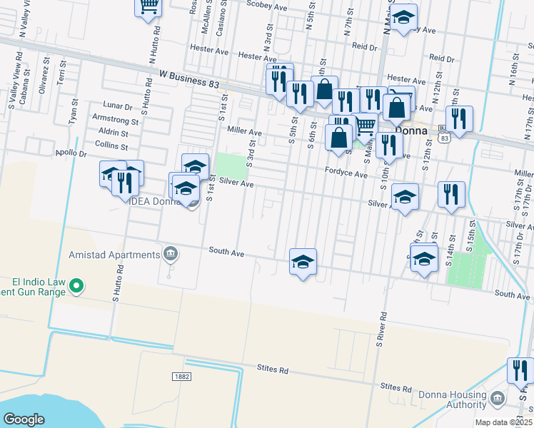 map of restaurants, bars, coffee shops, grocery stores, and more near 418 South 4th Street in Donna