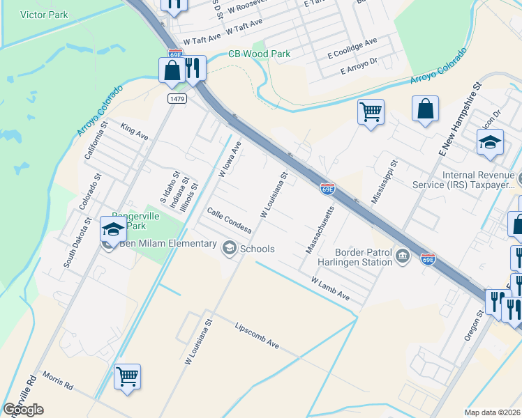 map of restaurants, bars, coffee shops, grocery stores, and more near 410 W Louisiana St in Harlingen