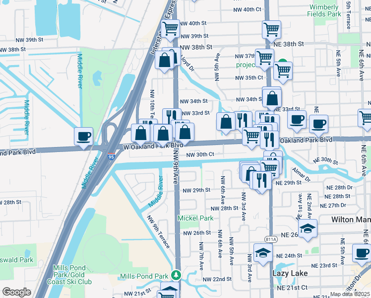 map of restaurants, bars, coffee shops, grocery stores, and more near in Wilton Manors