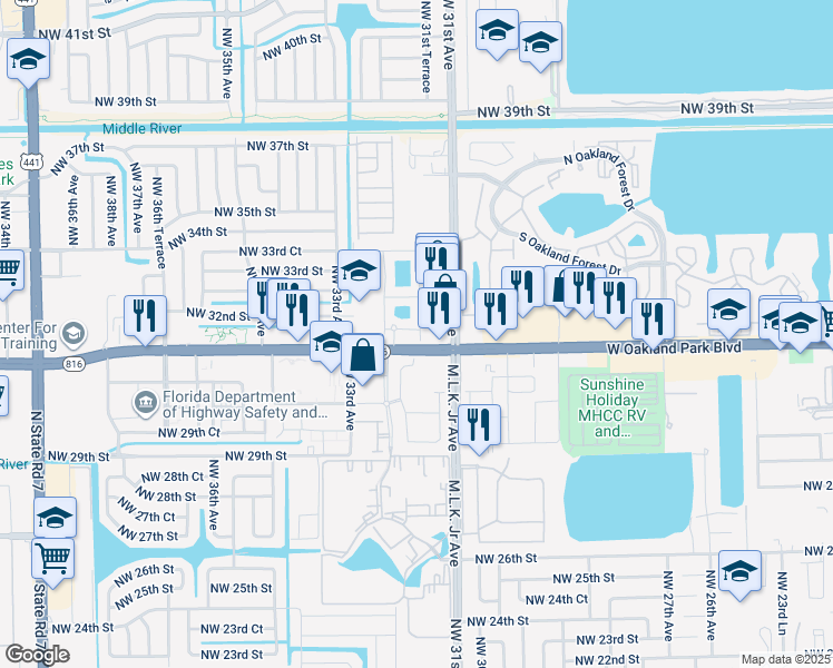 map of restaurants, bars, coffee shops, grocery stores, and more near 3197 Northwest 31st Terrace in Oakland Park