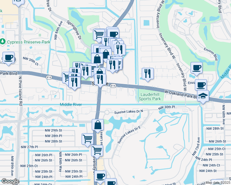 map of restaurants, bars, coffee shops, grocery stores, and more near 7800 West Oakland Park Boulevard in Fort Lauderdale