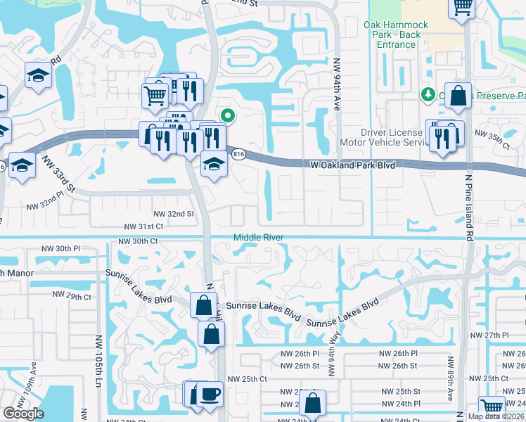 map of restaurants, bars, coffee shops, grocery stores, and more near 3200 Northwest 97th Avenue in Sunrise