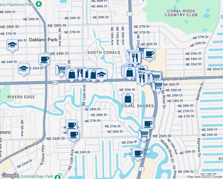 map of restaurants, bars, coffee shops, grocery stores, and more near 1810 East Oakland Park Boulevard in Fort Lauderdale