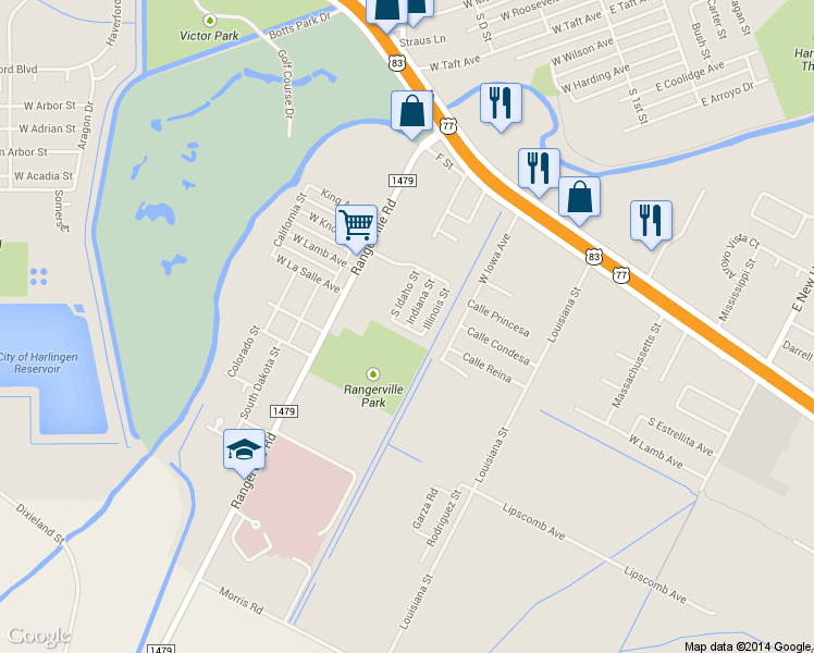 map of restaurants, bars, coffee shops, grocery stores, and more near 699 Indiana St in Harlingen