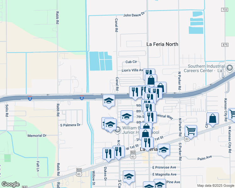 map of restaurants, bars, coffee shops, grocery stores, and more near U.S. 83 Frontage Rd N in La Feria