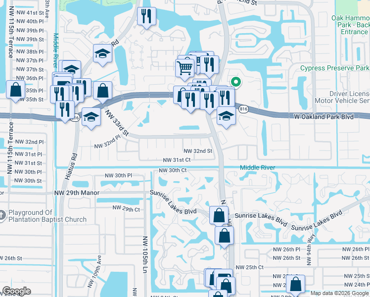 map of restaurants, bars, coffee shops, grocery stores, and more near 3210 Northwest 103rd Terrace in Sunrise