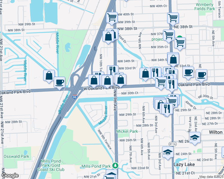 map of restaurants, bars, coffee shops, grocery stores, and more near 900 West Oakland Park Boulevard in Fort Lauderdale
