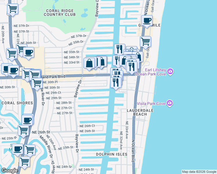 map of restaurants, bars, coffee shops, grocery stores, and more near 2900 Northeast 30th Street in Fort Lauderdale