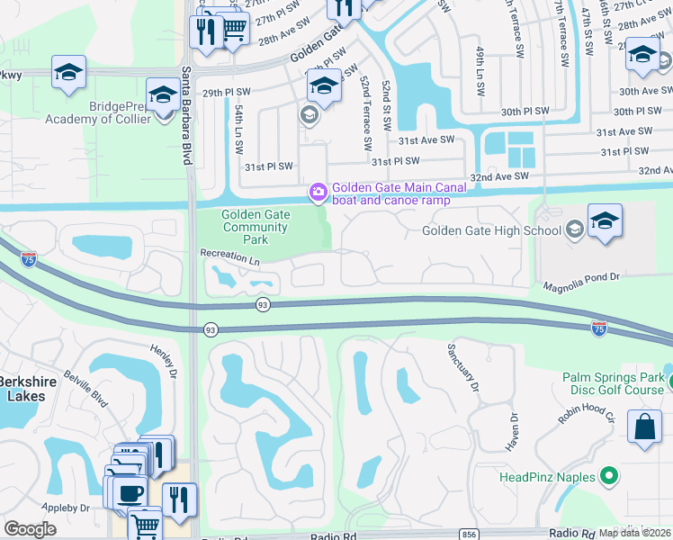 map of restaurants, bars, coffee shops, grocery stores, and more near 3445 Winifred Row Lane in Naples