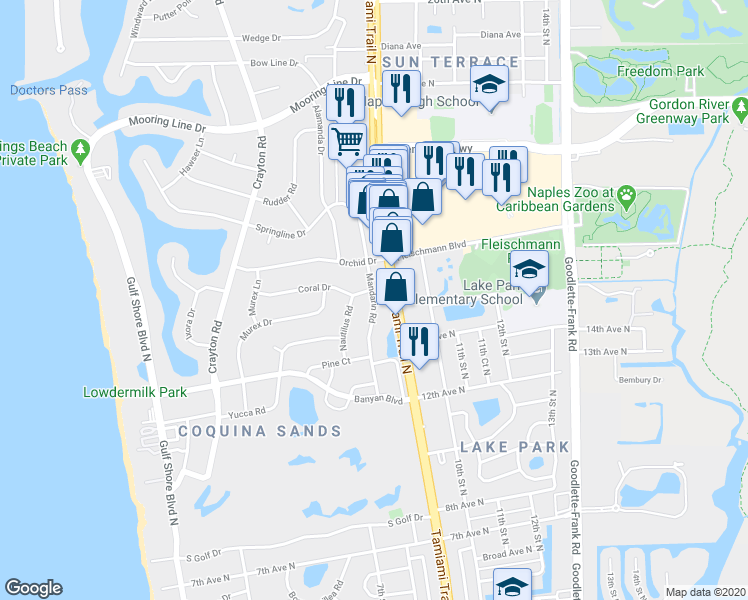 map of restaurants, bars, coffee shops, grocery stores, and more near Mandarin Road in Naples