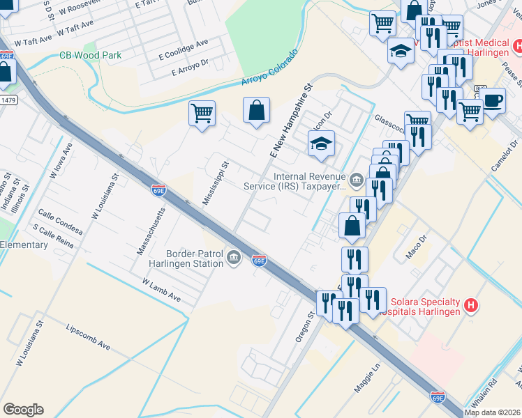 map of restaurants, bars, coffee shops, grocery stores, and more near 3917 Cottonwood Street in Harlingen