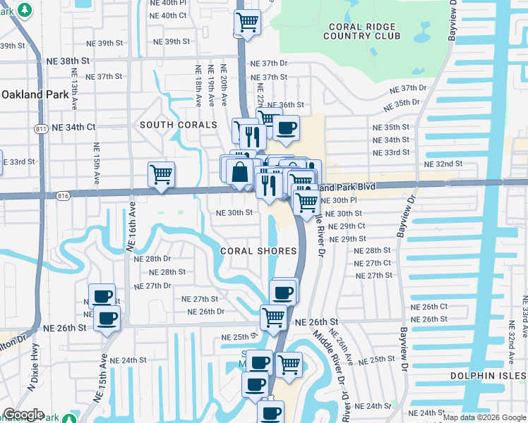 map of restaurants, bars, coffee shops, grocery stores, and more near 3000 Northeast 21st Terrace in Fort Lauderdale