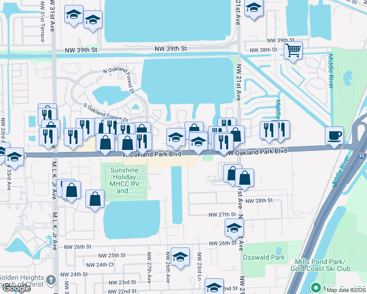 map of restaurants, bars, coffee shops, grocery stores, and more near 2499 Northwest 31st Court in Oakland Park
