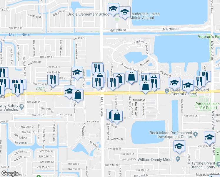 map of restaurants, bars, coffee shops, grocery stores, and more near 3073 West Oakland Park Boulevard in Oakland Park