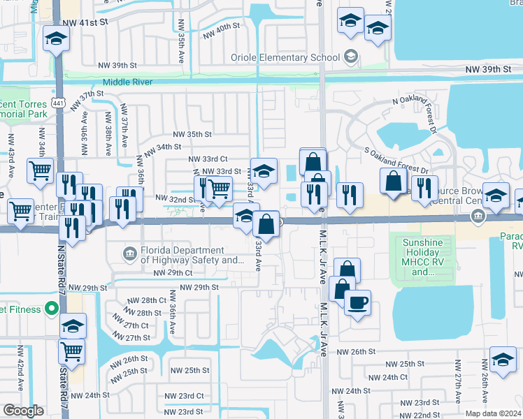 map of restaurants, bars, coffee shops, grocery stores, and more near 3298 Northwest 32nd Street in Lauderdale Lakes