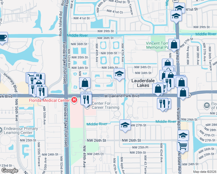 map of restaurants, bars, coffee shops, grocery stores, and more near 3121 Northwest 47th Terrace in Lauderdale Lakes