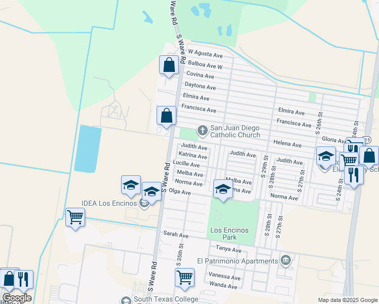 map of restaurants, bars, coffee shops, grocery stores, and more near 3504 Katrina Avenue in McAllen
