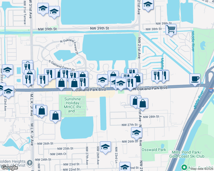 map of restaurants, bars, coffee shops, grocery stores, and more near 2499 Northwest 31st Court in Oakland Park