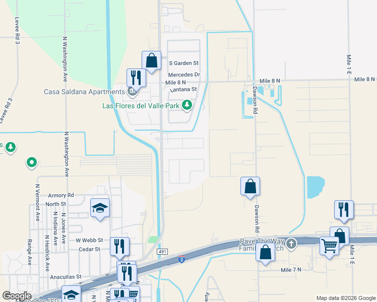 map of restaurants, bars, coffee shops, grocery stores, and more near 4421 J A Garcia Street in Mercedes