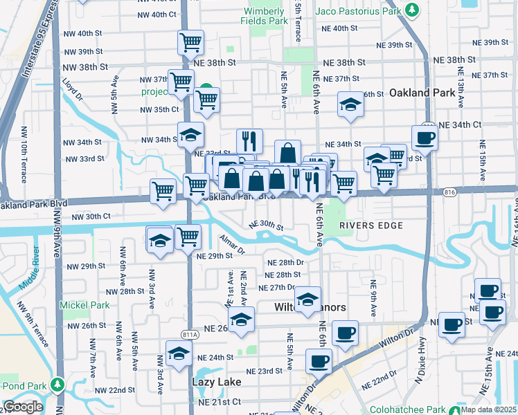 map of restaurants, bars, coffee shops, grocery stores, and more near 3036 Northeast 3rd Avenue in Wilton Manors
