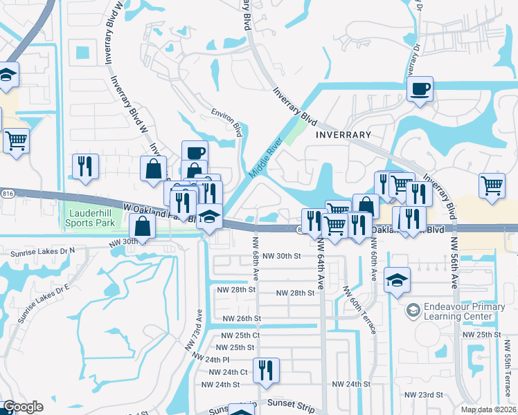 map of restaurants, bars, coffee shops, grocery stores, and more near Landings Drive in Fort Lauderdale