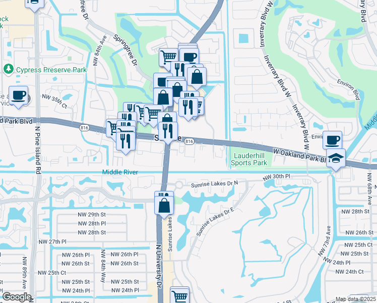map of restaurants, bars, coffee shops, grocery stores, and more near 7800 West Oakland Park Boulevard in Fort Lauderdale