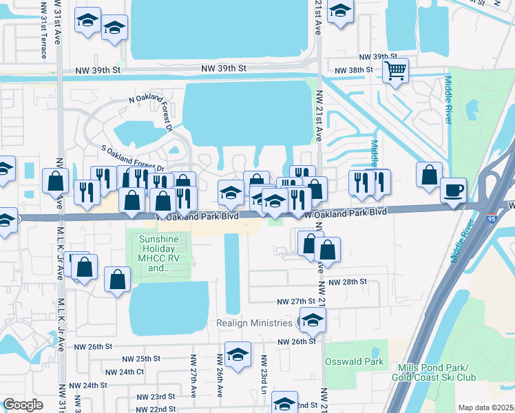 map of restaurants, bars, coffee shops, grocery stores, and more near 2351 West Oakland Park Boulevard in Oakland Park