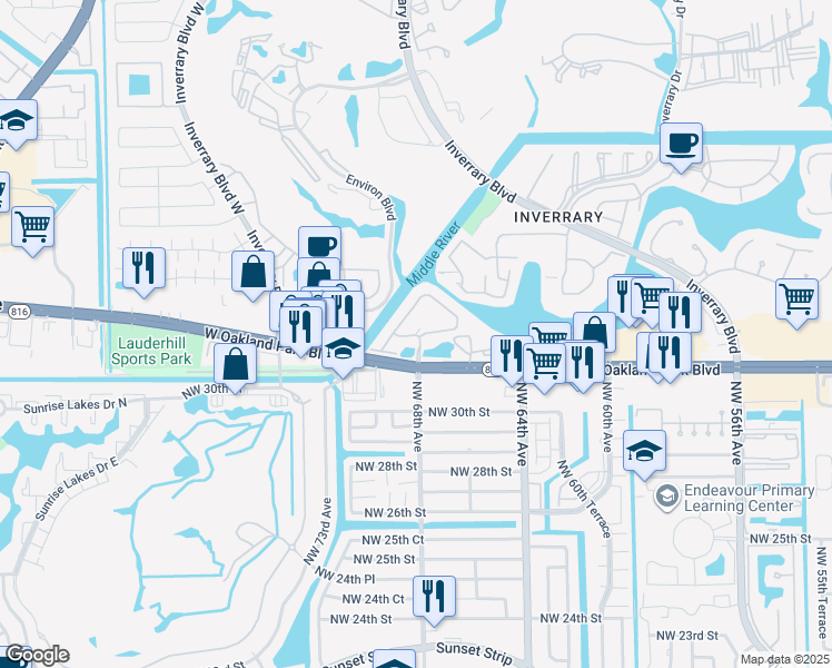 map of restaurants, bars, coffee shops, grocery stores, and more near 6701-6950 Landings Drive in Lauderhill