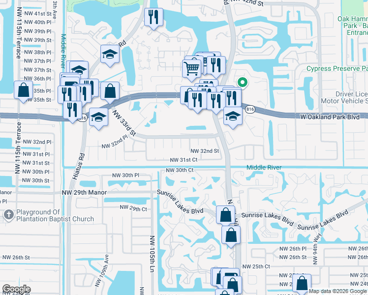 map of restaurants, bars, coffee shops, grocery stores, and more near 3210 Northwest 103rd Terrace in Sunrise