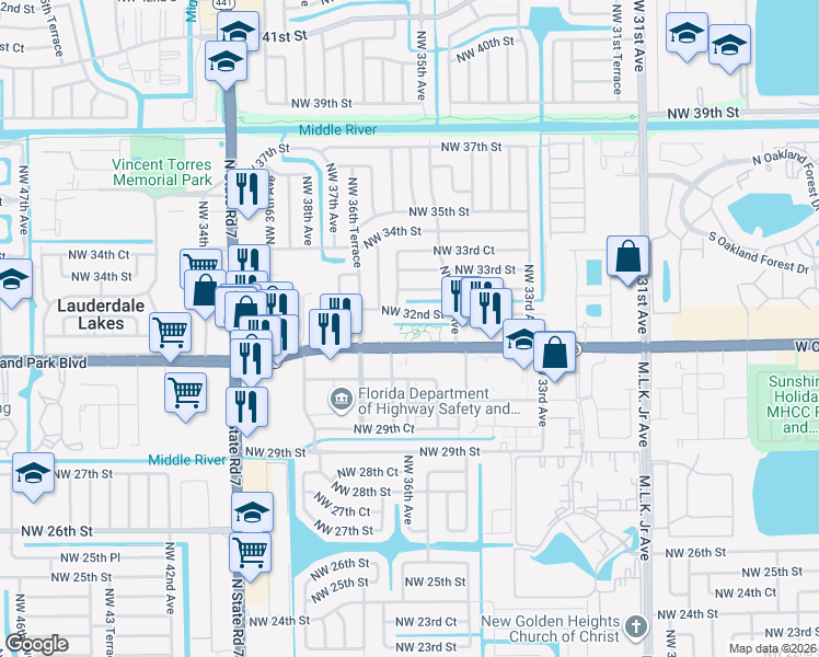 map of restaurants, bars, coffee shops, grocery stores, and more near 3555 West Oakland Park Boulevard in Lauderdale Lakes