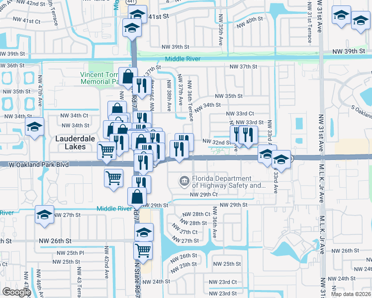 map of restaurants, bars, coffee shops, grocery stores, and more near 3661 West Oakland Park Boulevard in Lauderdale Lakes