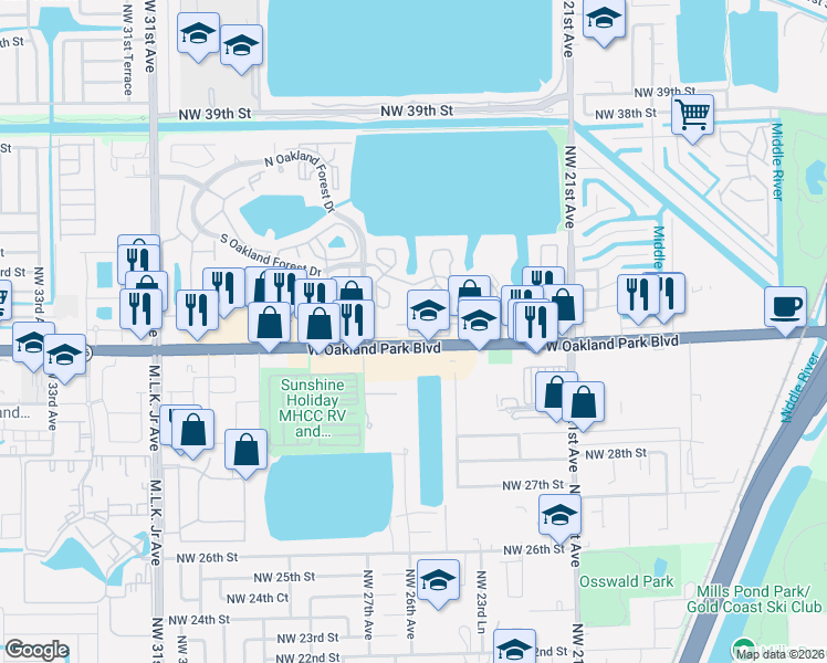 map of restaurants, bars, coffee shops, grocery stores, and more near 3105 Northwest 25th Terrace in Oakland Park
