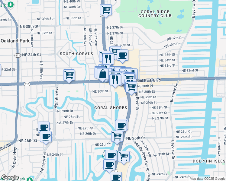 map of restaurants, bars, coffee shops, grocery stores, and more near 3000 Northeast 21st Terrace in Fort Lauderdale