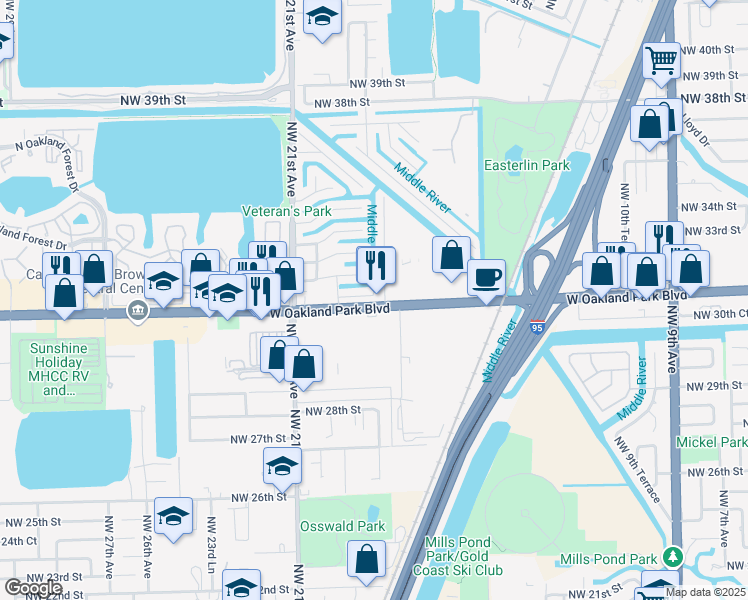 map of restaurants, bars, coffee shops, grocery stores, and more near 1821 West Oakland Park Boulevard in Oakland Park