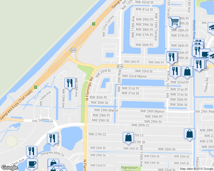 map of restaurants, bars, coffee shops, grocery stores, and more near 3181 Northwest 122nd Terrace in Sunrise