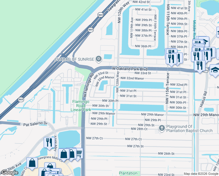 map of restaurants, bars, coffee shops, grocery stores, and more near 3180 Northwest 122nd Avenue in Sunrise