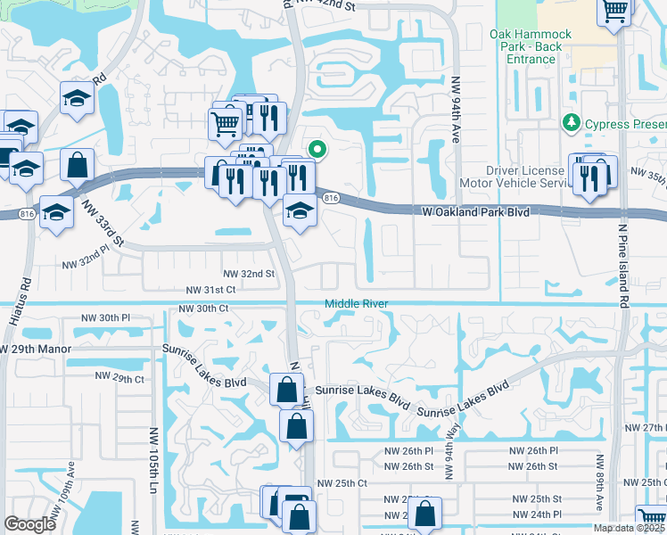 map of restaurants, bars, coffee shops, grocery stores, and more near 3191 Northwest 97th Way in Sunrise