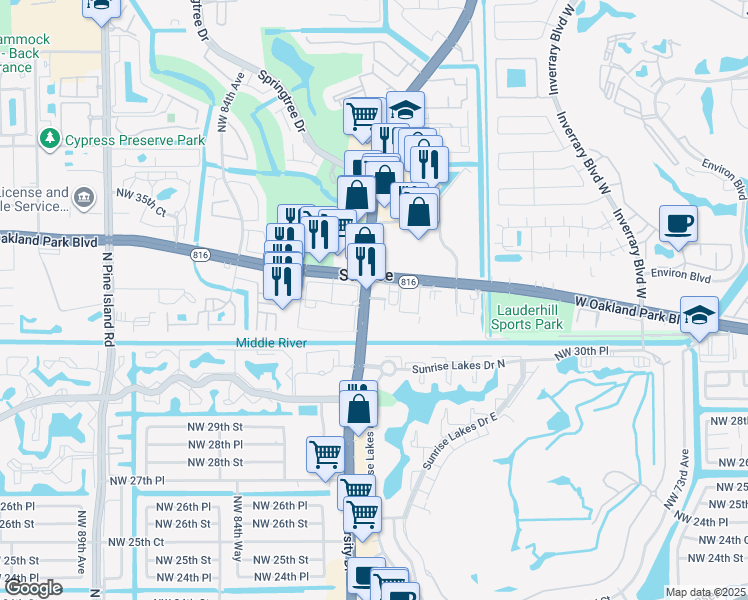map of restaurants, bars, coffee shops, grocery stores, and more near 3200 North University Drive in Sunrise