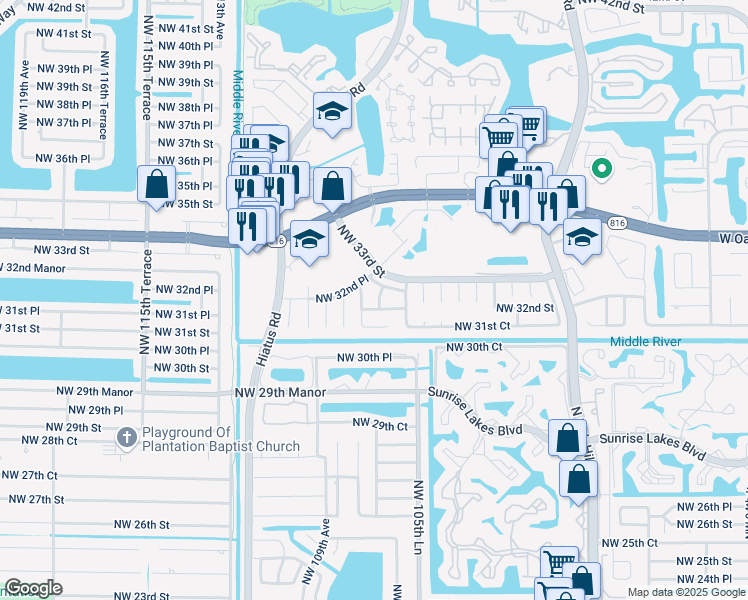 map of restaurants, bars, coffee shops, grocery stores, and more near 3225 Northwest 106th Terrace in Sunrise