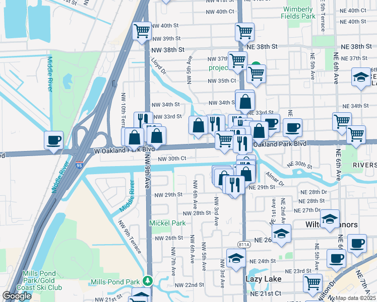 map of restaurants, bars, coffee shops, grocery stores, and more near 616 West Oakland Park Boulevard in Wilton Manors