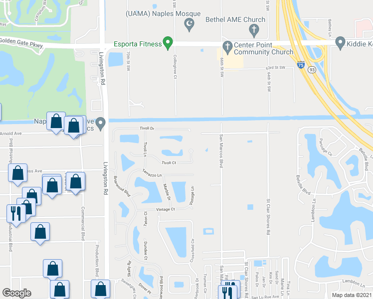 map of restaurants, bars, coffee shops, grocery stores, and more near 915 Tivoli Court in Naples
